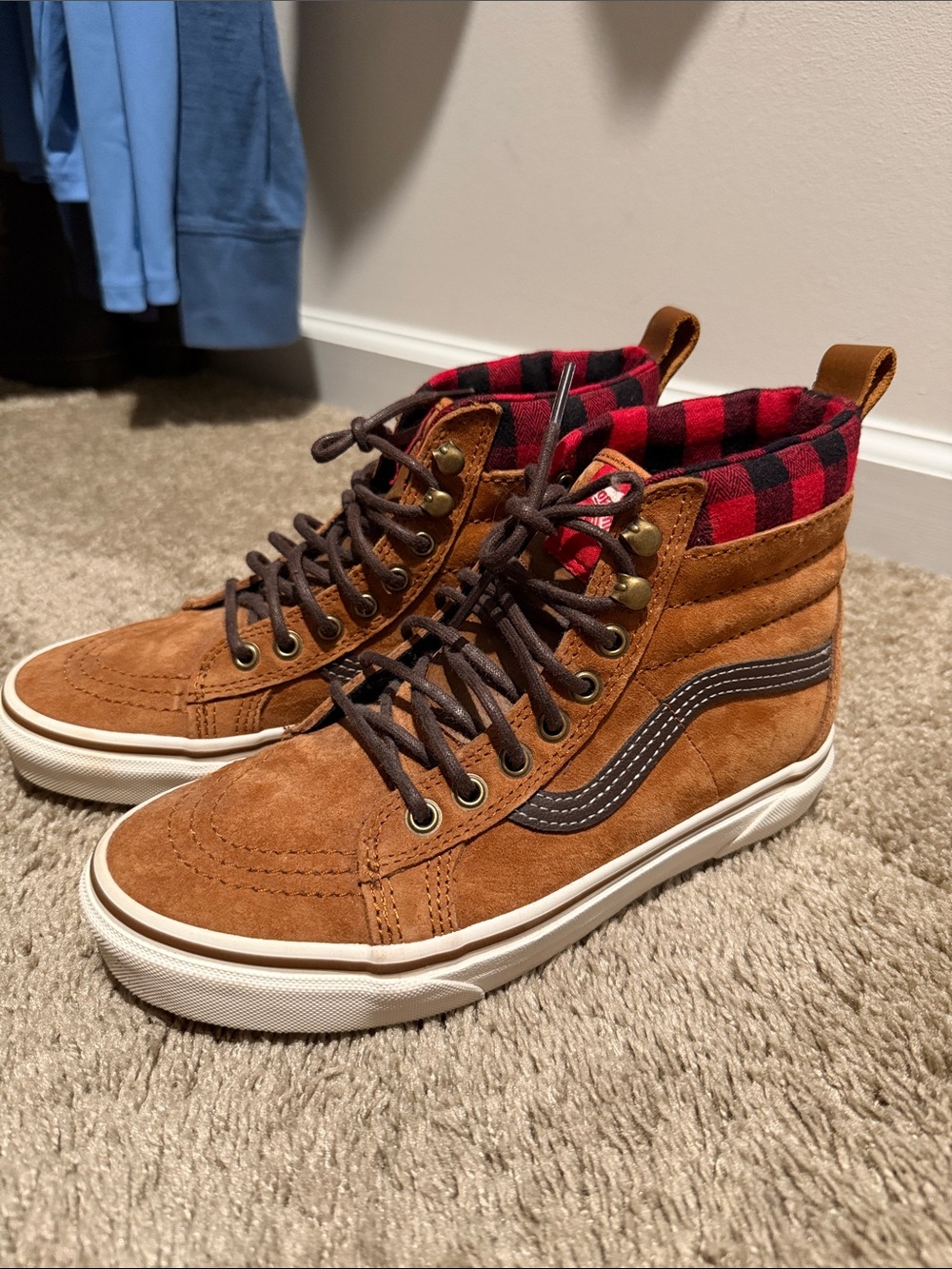 Vans Brown Suede High-Top Sneakers with Red Buffalo Plaid
